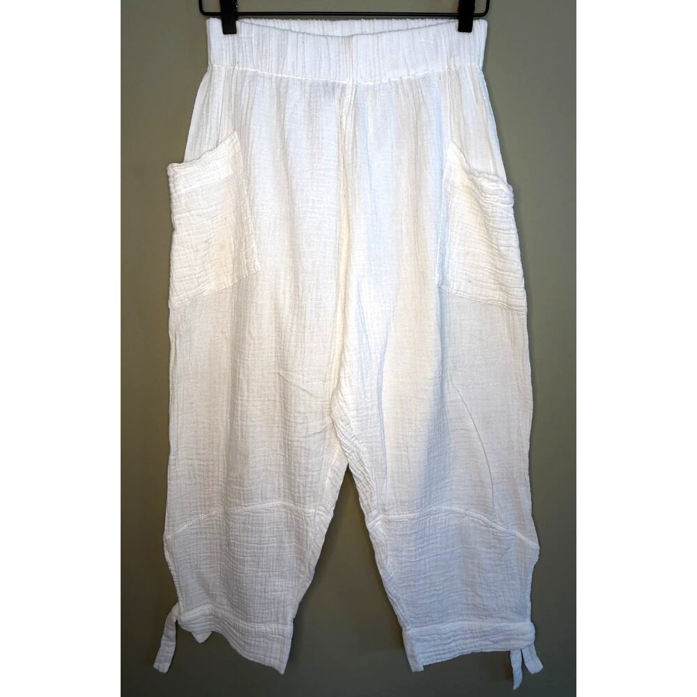 Shannon Pessero White Cotton Gauze Pants Elastic Waist Crop Womens Medium